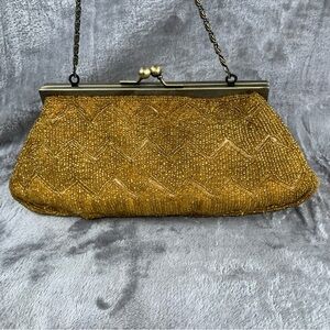 Retro Style Beaded Convertible Handbag Clutch Gold Evening Bag Kiss Lock